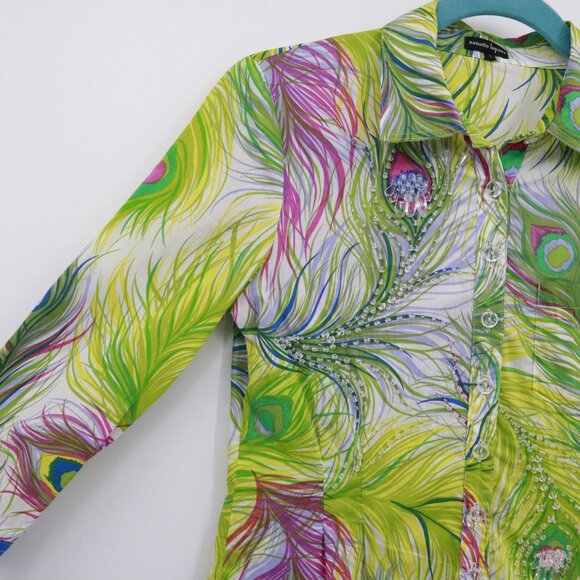 Nanette Lepore Peacock Print Top Women 2 White Boho Unique Artsy Creative Whimsy - Picture 5 of 16